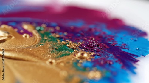 Abstract fluid art with gold and vibrant colors macro shot.