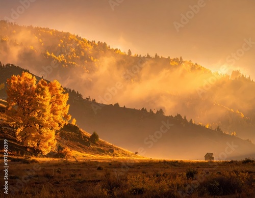 Golden Autumn Landscape with Misty Mountains and Vibrant Trees