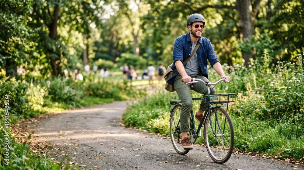 Fototapeta premium Man rides bicycle on path in park