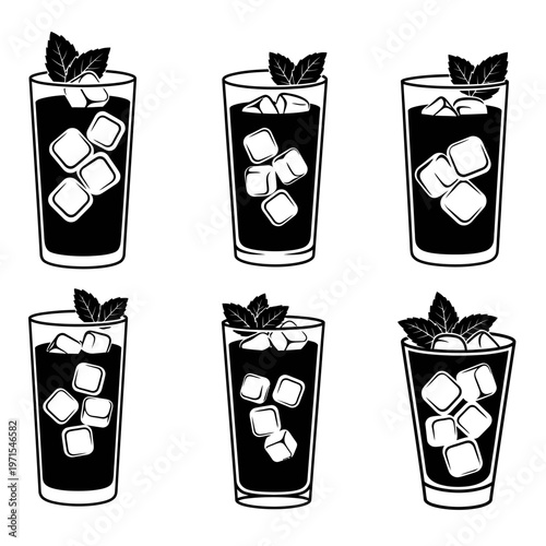 Refreshing Iced Drinks with Mint and Ice Cubes - Vector Illustration Set