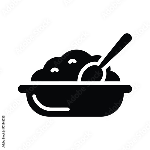 A stylized black and white illustration of a frying pan with food being cooked