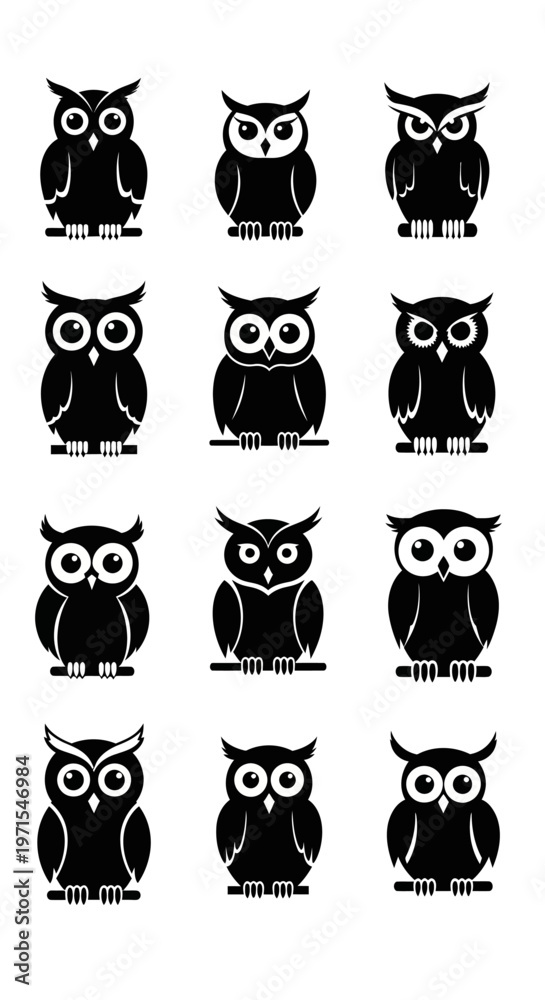 Fototapeta premium Set of 12 Black Owl Icons, Silhouette Collection, Vector Graphics