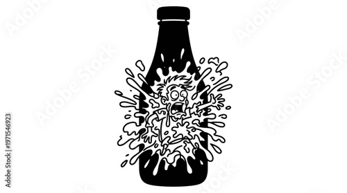 Minimalist Ketchup Bottle Explosion Cartoon Line Art, Monochrome Vector Illustration of Food Fail Humor