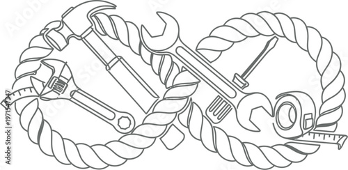 Concept art illustrates the endless connection between construction tools and durable rope shaped into an infinity symbol design