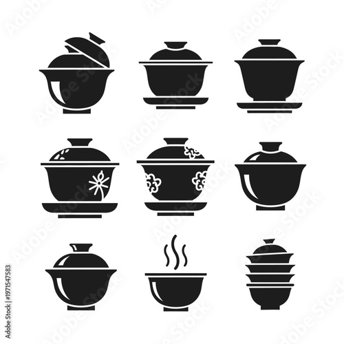 Set of Chinese Tea Bowls and Lids: Gaiwan Icons in Silhouette Style