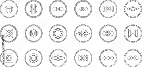 Modern minimalist abstract geometric line art icon and symbol collection, perfect for business logos, app interfaces, branding, or creative design projects requiring a clean sophisticated aesthetic.