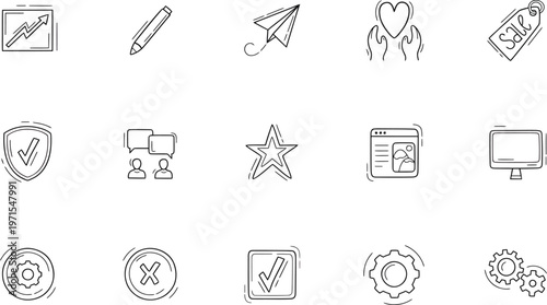 Creative hand drawn business analysis and website interface icons with sketch lines.