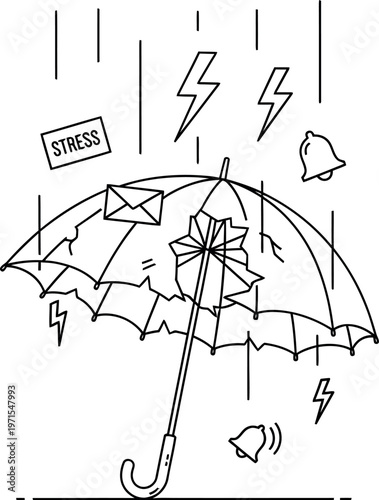 Broken umbrella struggling to shield against a storm of notifications stress and urgent communication overload in life