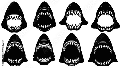Shark Mouth Silhouettes Set, Aggressive Teeth, Open Jaws, Danger Symbol