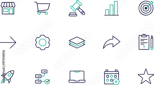 Commerce and navigation icons featuring shop cart gavel bar chart target arrow gear layers and star symbols.