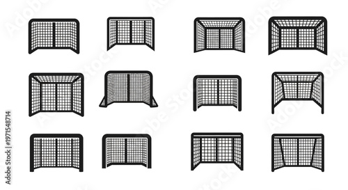 Soccer Goal Icons Set - Various Football Gate Designs on White Background