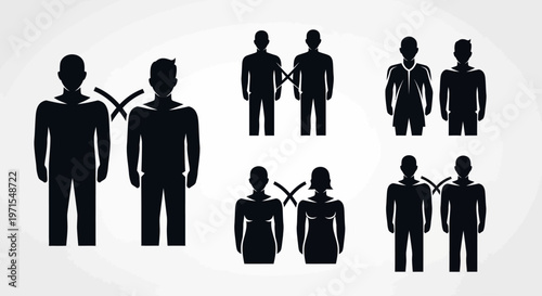 Social Distancing Icons: People Silhouettes Showing Personal Space & No Contact