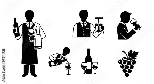 Sommelier Icons: Wine Tasting, Pouring, Serving, and Grapes