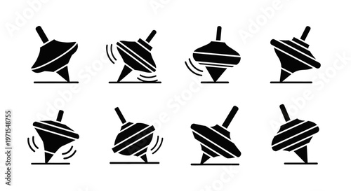 Spinning Tops Collection: Vintage Toy Silhouette Set Isolated on White Background