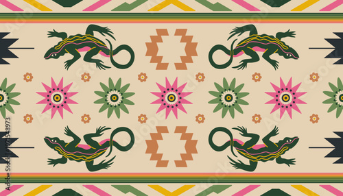 Mexican blanket seamless pattern with lizard diamonds and flowers. Background for Cinco de Mayo party decor. Traditional vector ornaments.