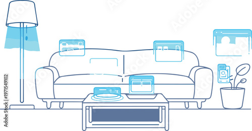 Modern interior design elements with sofa coffee table lamp and plant vector illustration.