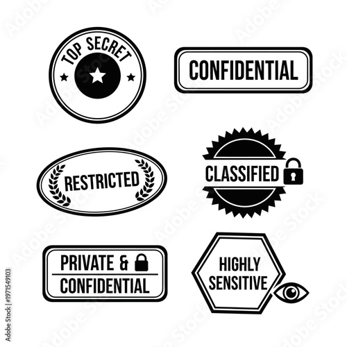 Top Secret, Confidential, Classified, Restricted, Private & Sensitive Stamp Icons