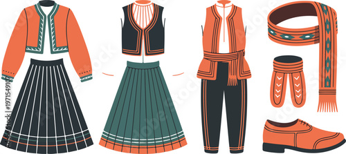 Illustration showing traditional folk costume elements for woman and man featuring vests skirts and footwear.