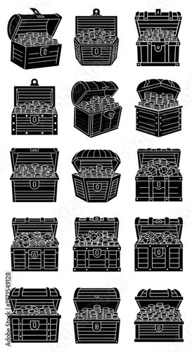 Treasure Chests Filled with Gold Coins and Jewels - Vector Icons Collection