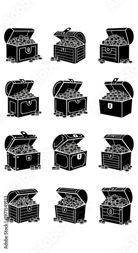 Treasure Chests Filled with Gold Coins and Jewels, Vector Set