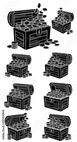 Treasure Chests Overflowing with Coins - Black and White Illustrations