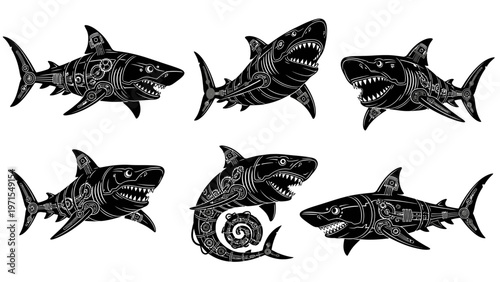 Tribal Shark Illustrations, Marine Predator Designs, Ocean Wildlife Art