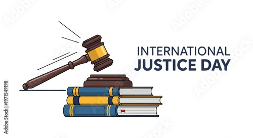 Justice Day, law books, gavel icon, International Justice Day symbol, legal illustration