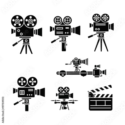Vintage Film Camera Icons Set: Retro Movie Production Equipment Collection