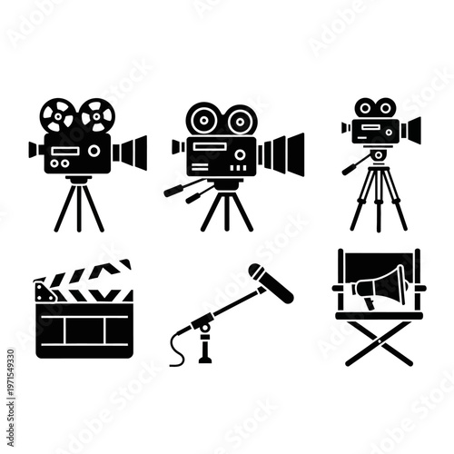 Vintage Film Equipment Icons: Cameras, Microphone, Clapperboard, Megaphone