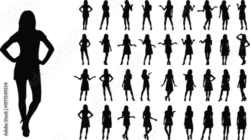 Collection of female silhouettes in various poses, women standing gestures set, fashion model figures illustration isolated on white background