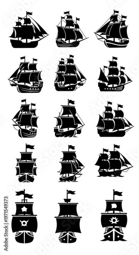 Vintage Sailing Ships Silhouette Collection, Nautical Vector Icons