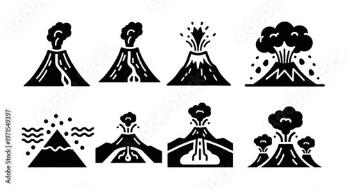 Volcano Eruption Icons: Lava, Smoke, Explosion, Ash Clouds