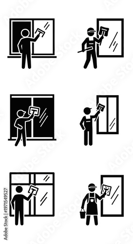 Window Cleaning Icons Set: Professional Service Stick Figures