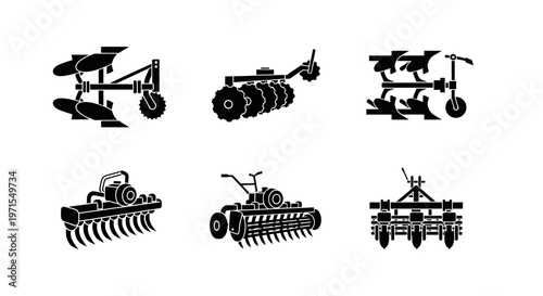 Agricultural Farm Implements Icons Set: Plow, Disc Harrow, Cultivator, Tiller