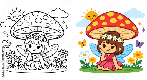 Adorable woodland fairy character under polka dot fungus house with butterfly and flowers. Hand drawn line art illustration for children coloring activity book. Nature scene with smiling sun clouds.
