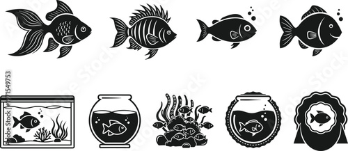 Aquarium elements set featuring fish, coral, and fish tanks, decorative aquatic vector icons in black silhouette style for marine, pet, and underwater themes