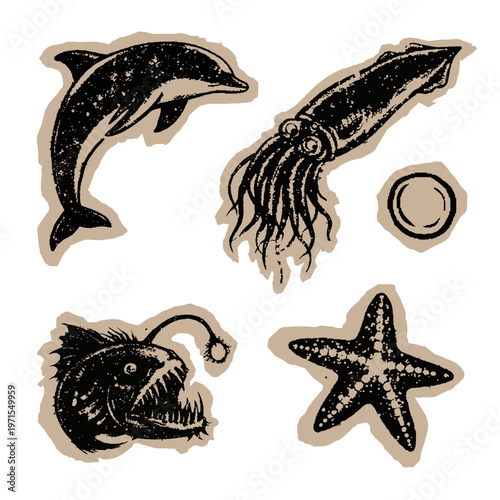 Vintage sea creature sticker set with dolphin squid anglerfish and starfish