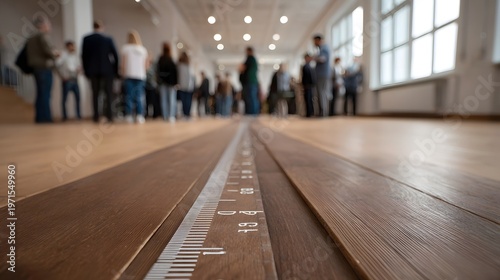 Low angle perspective of a wooden floor with a measuring scale marking blurred people visible in the background of an indoor exhibition space