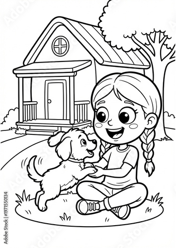Cute black and white coloring page illustration featuring kids playing with a puppy in a park. Clean line art style, perfect for children’s coloring books, educational materials, activity pages, and p