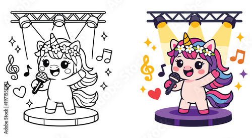 Cute musical unicorn performer on concert stage with spotlights and music notes. Fun coloring book page for kids featuring singing animal character. Vibrant colors and line art versions included.