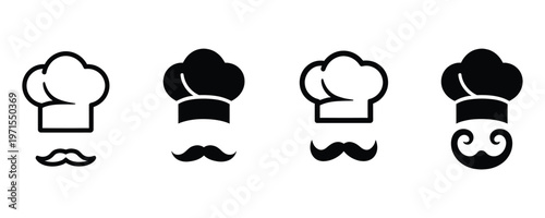 Four chef hat and mustache icons in black on white background