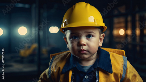 A cute young boy dressed as a construction worker wearing a yellow hard hat and safety vest, looking forward in an industrial setting