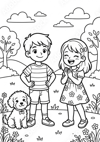 Cute black and white coloring page illustration featuring kids playing with a puppy in a park. Clean line art style, perfect for children’s coloring books, educational materials, activity pages, and p