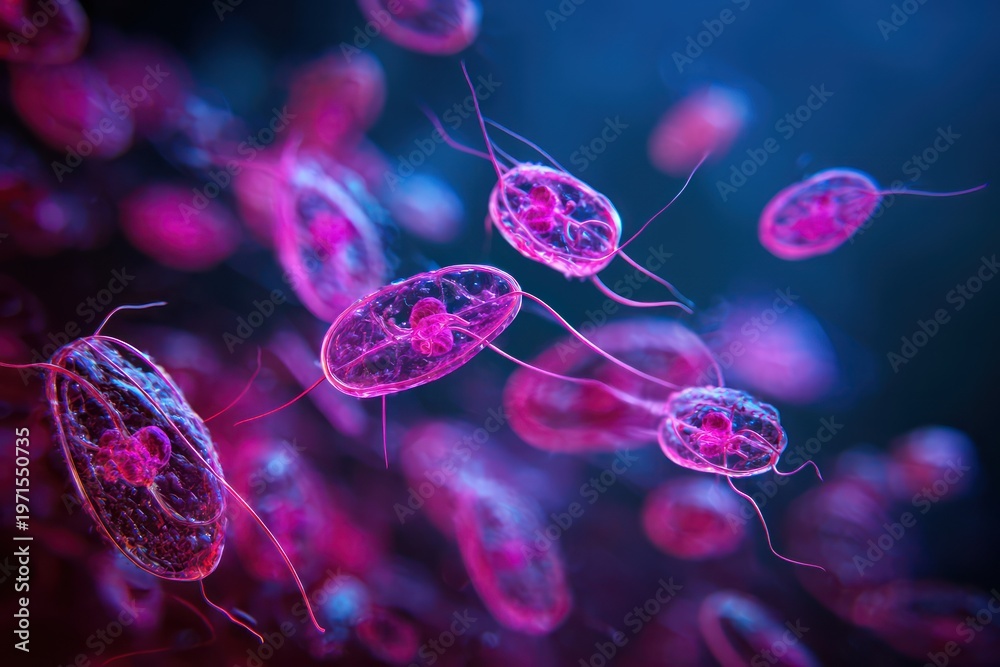 Obraz premium Colorful protozoa swimming in microscopic fluid environment