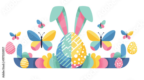 Abstract Easter Composition with Bunny Ears Colorful Eggs and Butterflies in Flat Style