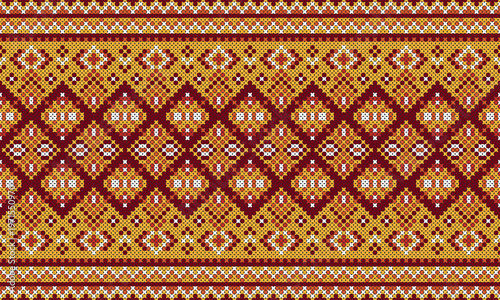 Native Indian style cross-stitch pattern of diamond shapes with burgundy stripes on an orange background.