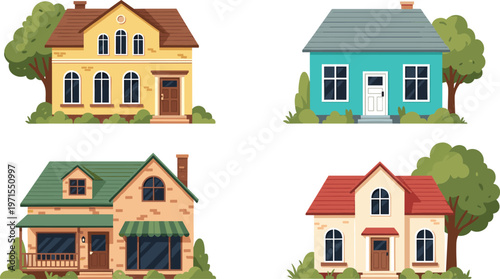 Flat Residential House Illustration Set Featuring Modern Suburban Homes with Different Architectural Styles for Real Estate Property and Urban Living Design