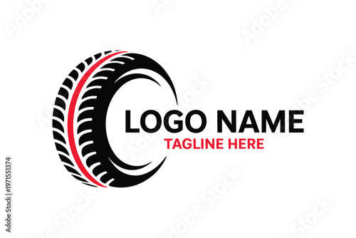 Professional automotive tire logo with red stripe for high performance car racing and repair shop