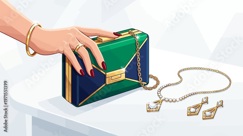 Hand holding green and gold clutch.