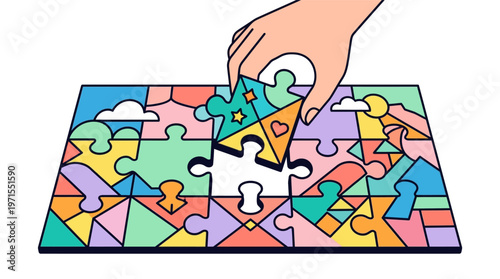 Hand placing puzzle piece on board.